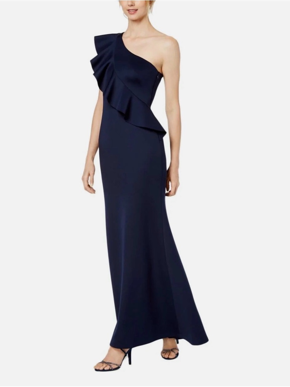 Jessica Howard Navy One-Shoulder Ruffle Gown
